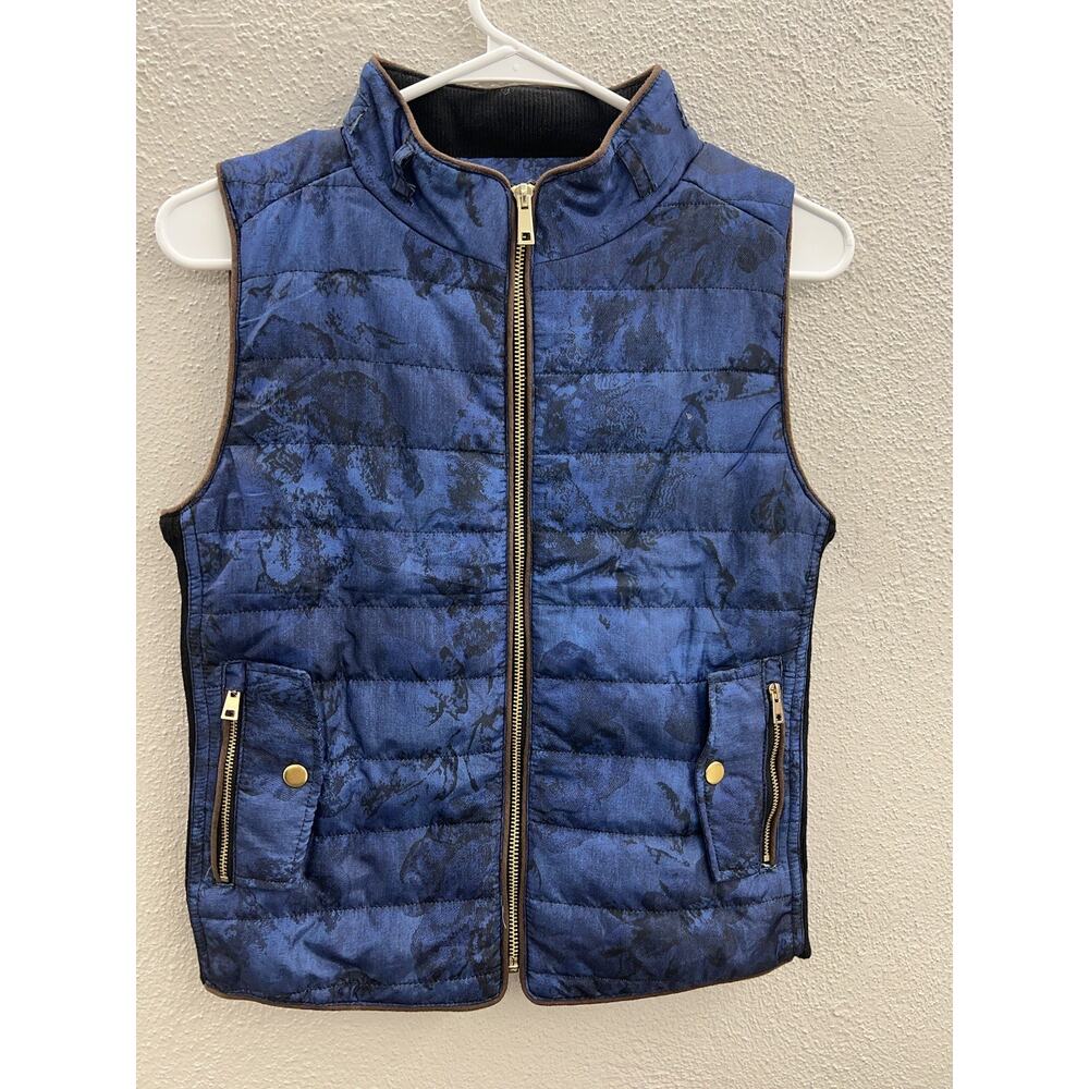 Juniors Chocolate Vest Size Medium Blue Floral Sleeveless Zip Up